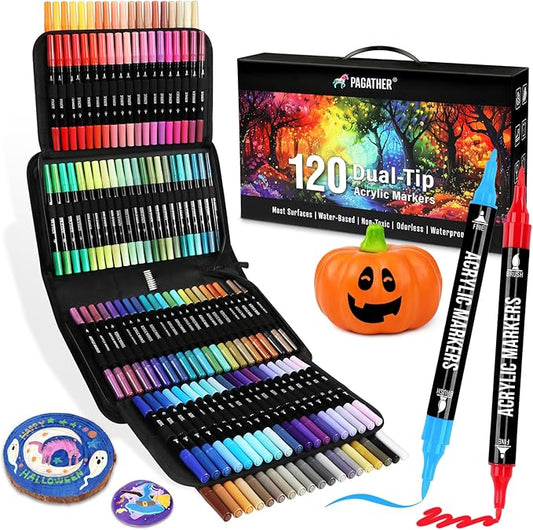 120 Colors Acrylic Paint Markers, Dual Tip Fine and Brush Tips Pens Contain 24 Metallic Color for Stone, Wood, Calligraphy, Canvas, Ceramic, Metal, Glass, Rock Painting, DIY Crafts Art Supplies Kit
