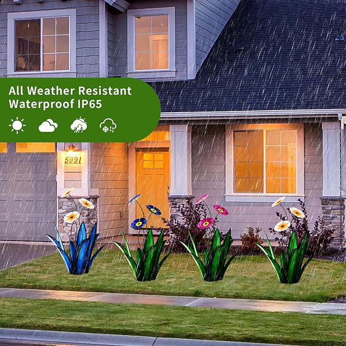 Upgraded Large Metal Yard Art, Agave Plant Yard Decorations, Outdoor Sculpture, Flowers for Outside, Waterproof Garden Decor (Green + Blue Flower)
