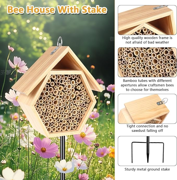 Mason Bee House for Garden, Natural Wooden Bee Habitat with Metal Ground Stake, Attracts Pollinators, Improve Garden Productivity, Outdoor Decoration