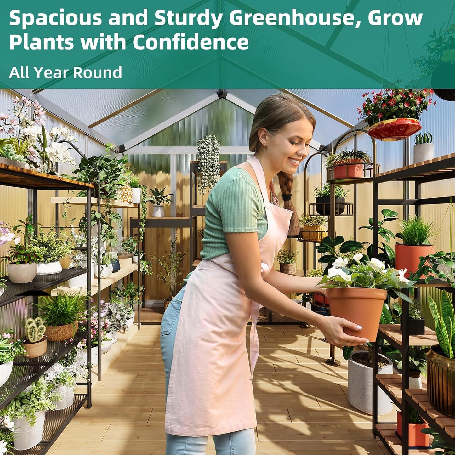 6x8 FT Greenhouse for Outdoors, Aluminum Greenhouse with Quick Setup Structure and Roof Vent, Polycarbonate Greenhouses Heavy Duty, Large Walk-in Green House for Winter Garden, Backyard, Patio, Lawn