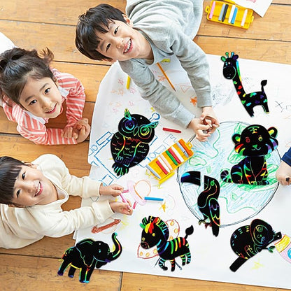 64 Pcs Wild Animal Scratch Cards DIY Rainbow Color Scratch Art Card Jungle Safari Animal Painting Scratch Off Paper for Kids Art Craft Kit with 64 Wood Stylus Ribbon for Home School Decor Party Favors