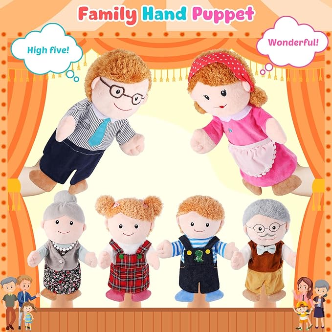 6 Pcs Family Hand Puppets 12 Inch Grandparents, Mom & Dad, Brother & Sister Plush Hand Puppet Toys Role-Play Toy Puppets for Kids Storytelling Imaginative Pretend Play Teaching Preschool(6 Family D)