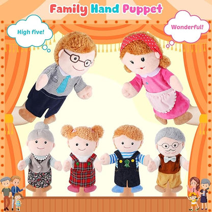 6 Pcs Family Hand Puppets 12 Inch Grandparents, Mom & Dad, Brother & Sister Plush Hand Puppet Toys Role-Play Toy Puppets for Kids Storytelling Imaginative Pretend Play Teaching Preschool(6 Family D)