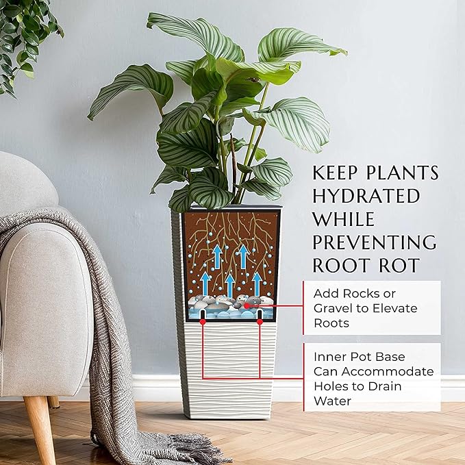 Mueller M-Resin Heavy Duty Tall Planter, Indoor/Outdoor Grande Plant, Tree, Flower Pot, 2-Piece Set, 27.5”, Modern Design, Built-in Drainage, Beige