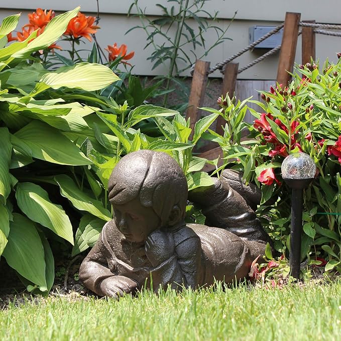Emsco Group 92246 Day Dreaming Boy Statue – Natural Appearance – Made of Resin – Lightweight – 16” Height Garden, BRONZE