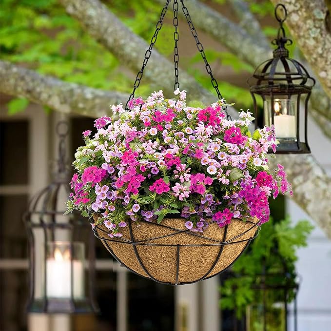 2 Pack 20 Inch Extra Large Deep Hanging Planters for Outdoor Plants Watering Hanging Baskets Flower Pots with Coco Liners Metal Hanging Plant Holder for Porch Balcony Garden Decor