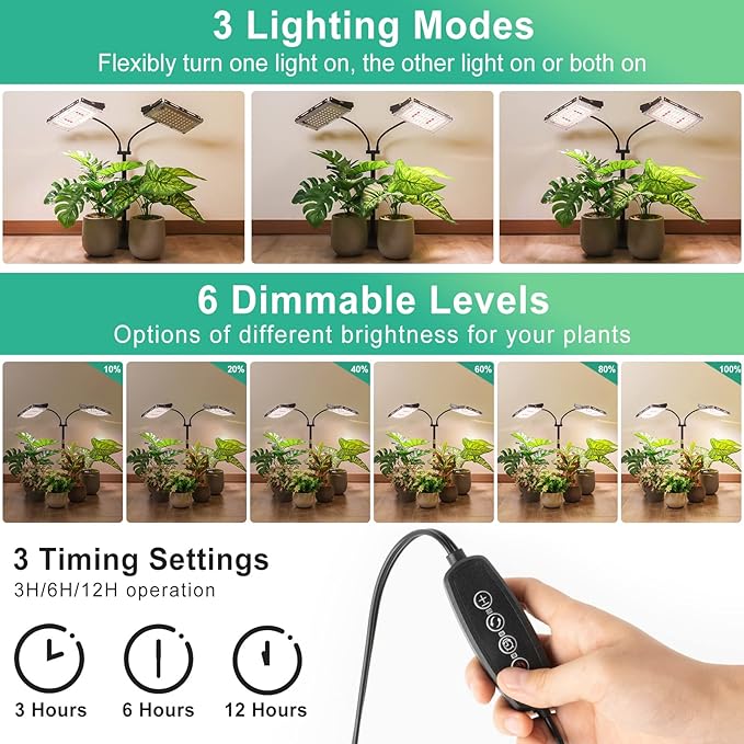 LBW Plant Grow Light, Full Spectrum Dual Heads Desk Plant Light for Indoor Plants, Growing Lamp with 3H/6H/12H Timer, 6-Level Brightness, 3 Lighting Modes, Height Adjustable, Ideal for Indoor Growth