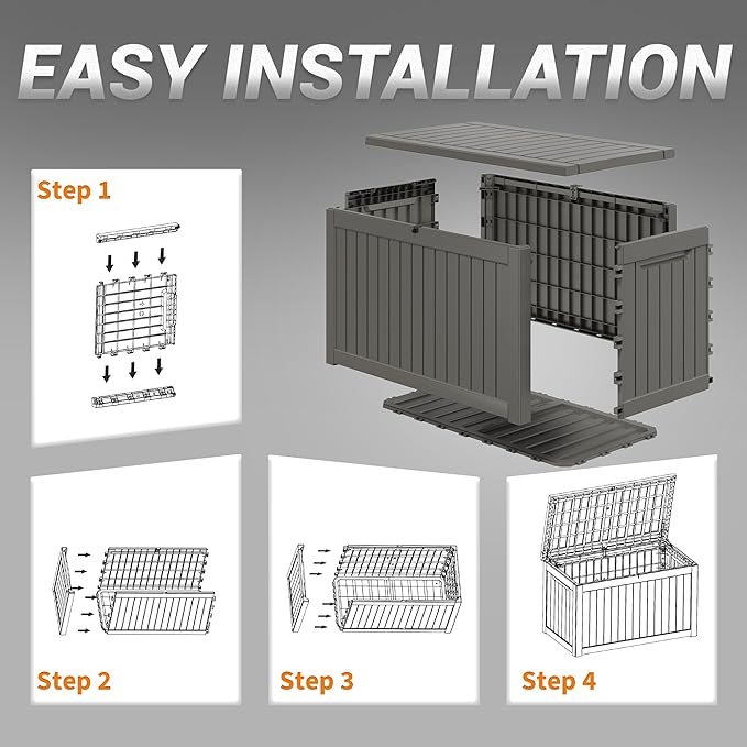NUNU LAB 230 Gallon Large Resin Deck Box, Waterproof Outdoor Storage Box, Lockable Storage Bin for Patio Furniture, Garden Tools, Pool Accessories, UV-Resistant & All-Weather, Grey