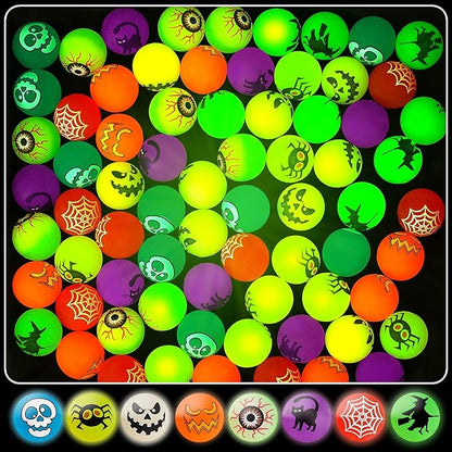 64pcs Glow in The Dark Bouncing Balls,8 Halloween Theme Designs Bouncy Toys Balls, Halloween Party Favors Supplies, Trick or Treating Goodie, Halloween Miniatures,School Classroom Game Rewards