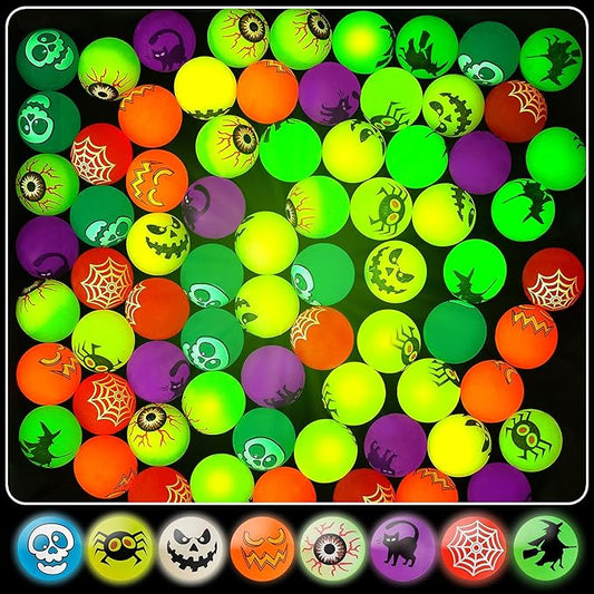 64pcs Glow in The Dark Bouncing Balls,8 Halloween Theme Designs Bouncy Toys Balls, Halloween Party Favors Supplies, Trick or Treating Goodie, Halloween Miniatures,School Classroom Game Rewards