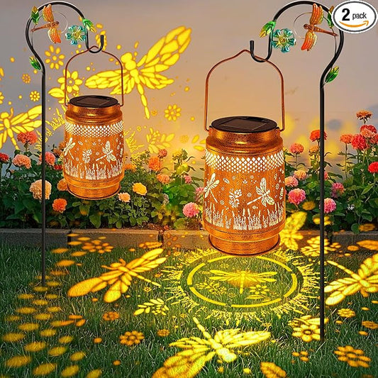 2 Pack Solar Lanterns Outdoor Garden Decor with Shepherd Hook, Gardening Gifts for Mom Grandma Women Dragonfly Metal Decor Lantern Waterproof Solar Lights LED Decorative for Garden Yard Patio