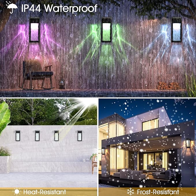 Metal Solar Lights Outdoor, 4 Pack Textured Glass Solar Fence Lights, Solar Wall Lights Outdoor Waterproof, Fence Lights Solar Powered for Yard Porch Patio Garden Decor (Warm/Color Changing)