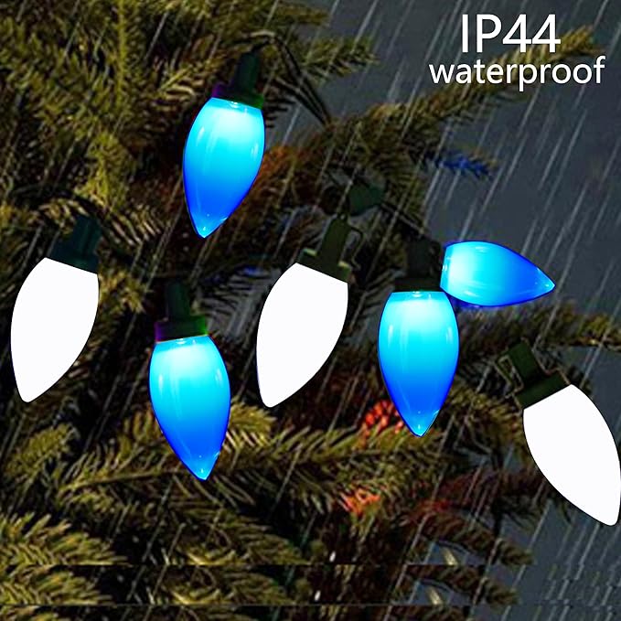 C9 Christmas Lights Outdoor 50 LED Blue + Cool White Strawberry 34.5ft Waterproof Xmas String Light for Garden Yard Home Party Holiday Christmas Tree Indoor Decoration(Blue + Cool White)