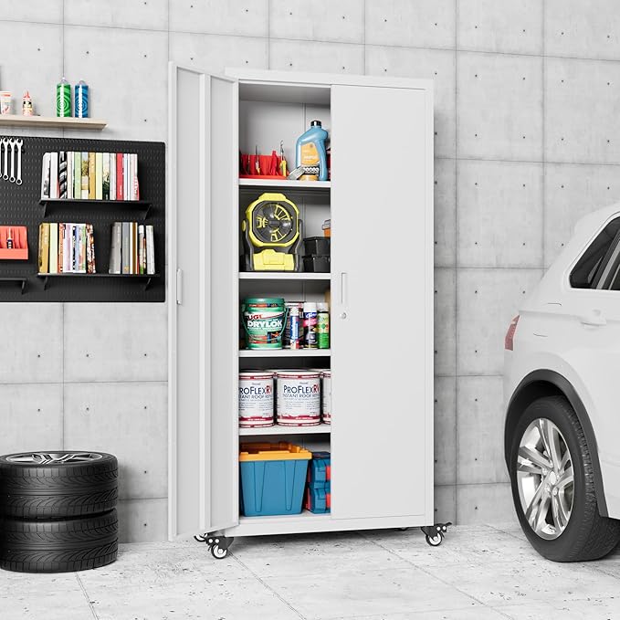 73" H Metal Garage Storage Cabinet with Wheels,Rolling Tool Storage Cabinet with 2 Doors and 4 Adjustable Shelves for Garage,Home,Office,Warehouse,Workshop, Required-Assembly,White