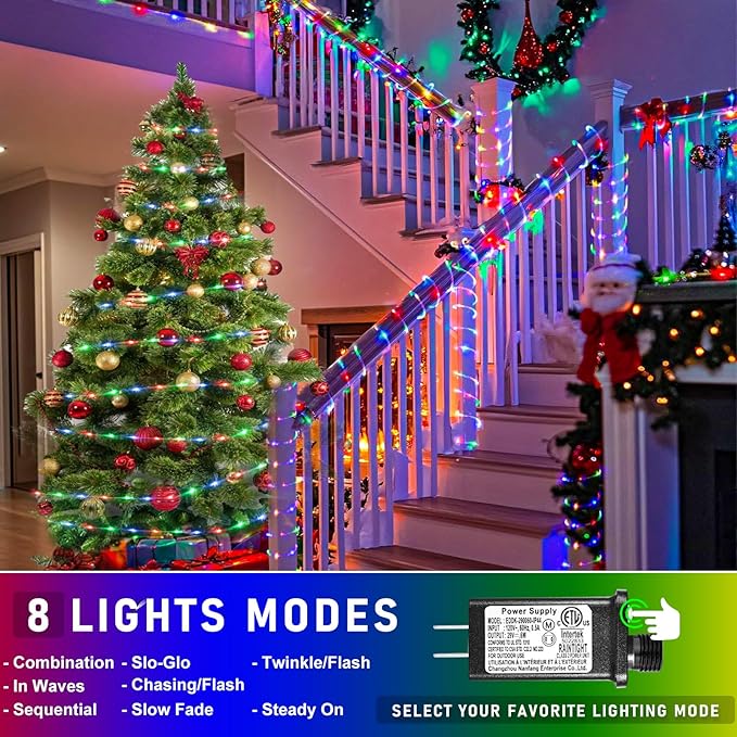 Rope Lights for Outside, 100FT 300 LED Plug in Christmas Lights Outdoor with Waterproof 8 Modes, Connectable String Light for Indoor House Patio Garden Party Easter Decorations, Multicolor
