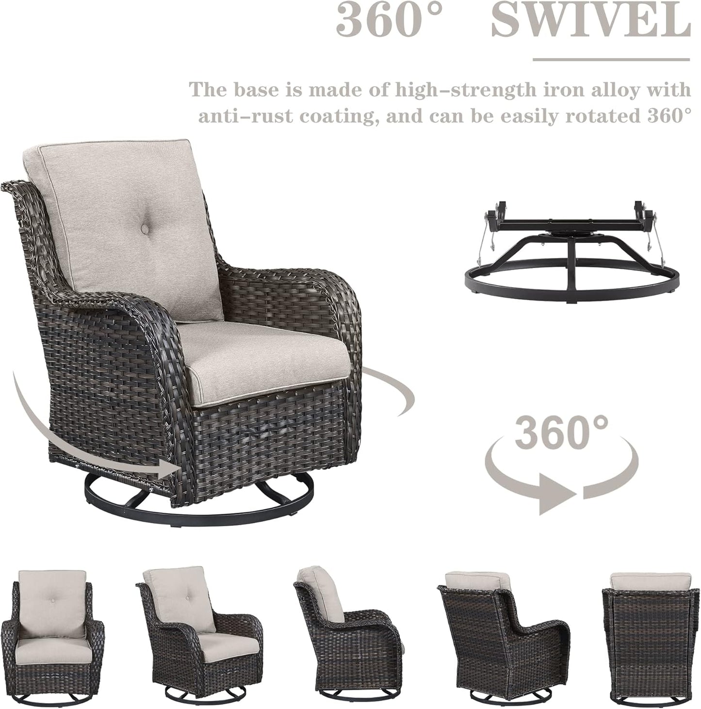 Outdoor Patio Furniture Set with 50000BTU Propane Fire Pit Table, 4 Pieces Wicker Patio Conversation Set with 2 Swivel Rocker Glider Chairs Rattan Sofa Blue Cushion Perfect for Casual Gathering