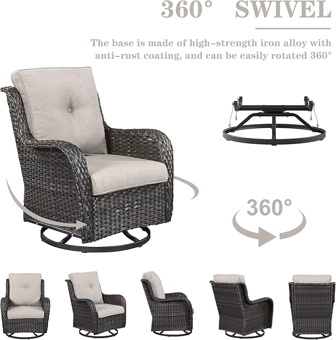 Outdoor Patio Furniture Set with Propane Fire Pit Table, 7 Pieces Wicker Patio Conversation Set with 2 Swivel Glider Rocker Chair Rattan Sofa Beige Cushion Perfect for Casual Gathering