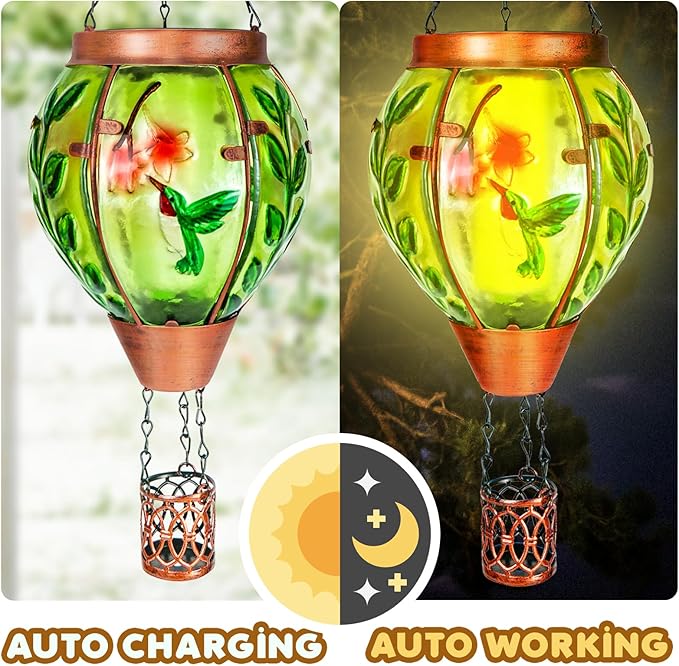 4 Pack Solar Hot Air Balloon Lantern with Flame，Hummingbird Outdoor Solar Lanterns for Outside Garden Yard Farmhouse Patio Pathway Decoration, Hummingbird Gifts for Women Grandma Mom - Hummingbird