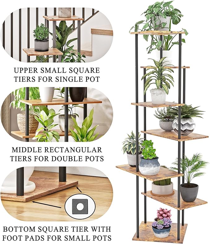 Plant Stand Indoor 7-Tier Metal Wood Plant Shelf for Multiple Flower Pots Corner Tall Flower Holders for Living Room Balcony Bedroom, Brown