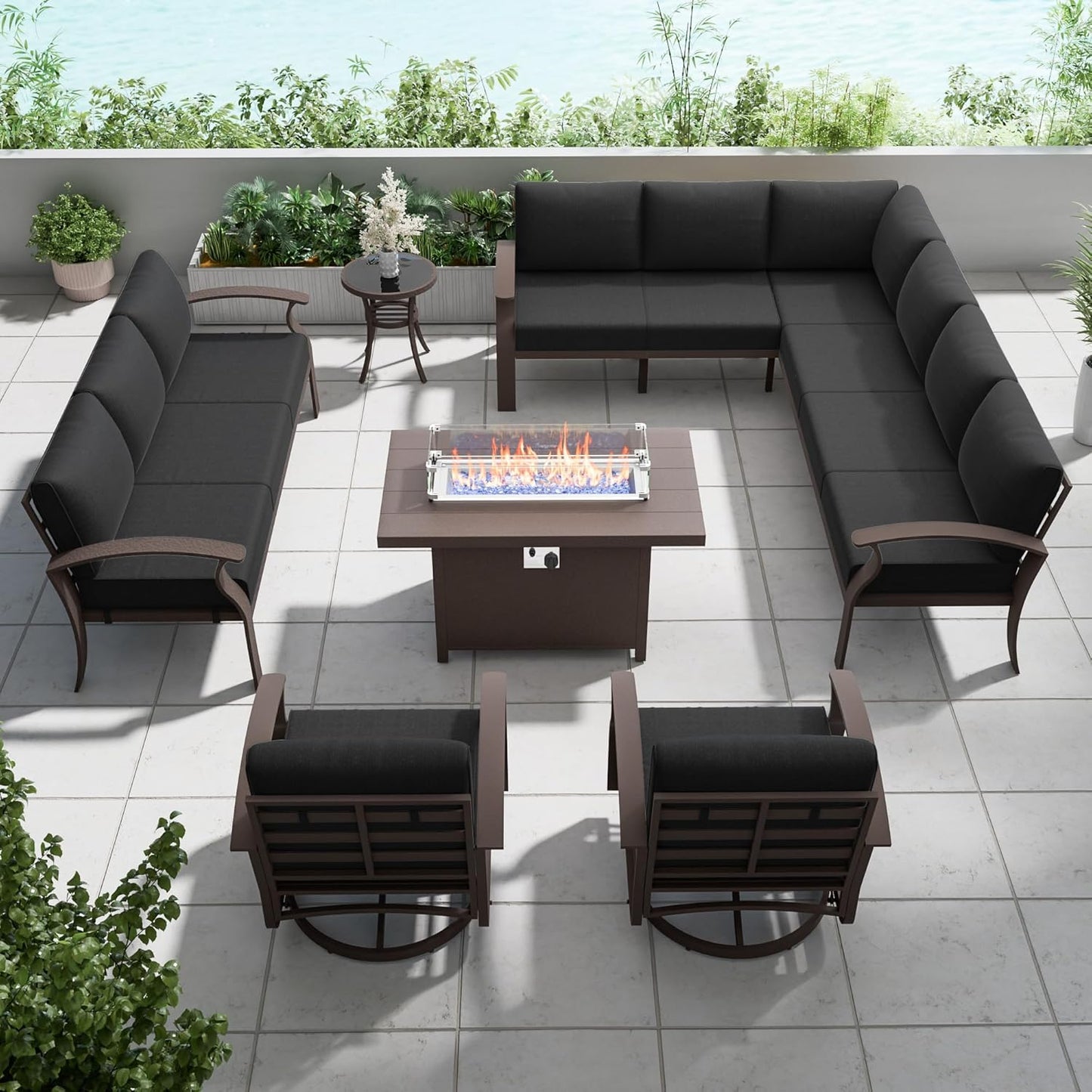 Aluminum Patio Furniture Set with Fire Pit Table, 11 Seats Outdoor Patio Conversation Set with Swivel Chair Modern Metal Patio Sectional Sofa with Coffee Table for Patio, Backyard(Dark Grey).