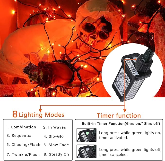 Halloween Orange Lights, 82ft 200 LED String Lights With 8 Modes, Waterproof Low Voltage for Party, Garden, Indoor Outdoor Decorations