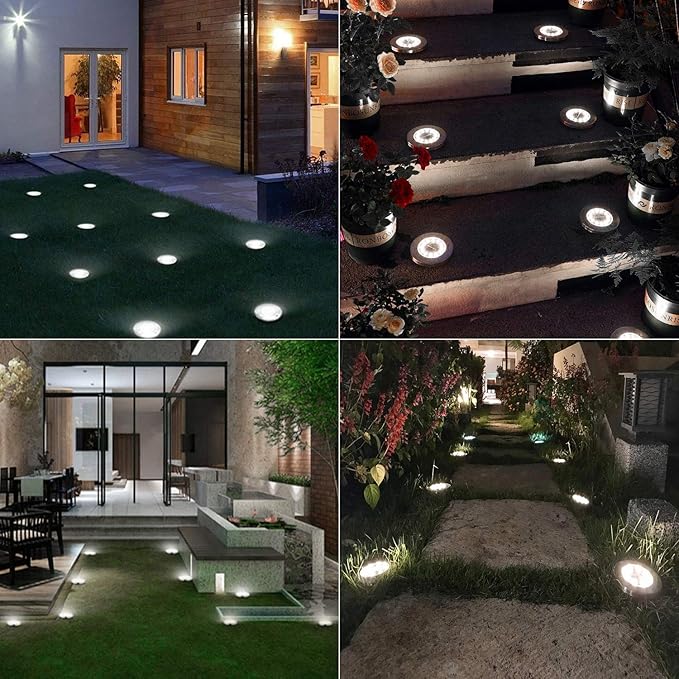 ODEETRONIC Solar Ground Lights, 12 Packs 8 LED Solar Disk Lights, Outdoor in-ground Light Waterproof, Round Solar-Powered Puck Light Flat Lamps for Landscape Pathway Yard Garden Walkway, Cool White