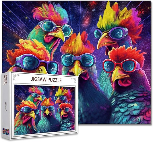 Tucocoo Roosters with Sunglasses Art Jigsaw Puzzle 1000 Pieces Puzzles for Adults, Rave Party Funny Chickens Jigsaw Puzzles for Challenging Family Activity Games Colorful Puzzle for Home Decor Gifts