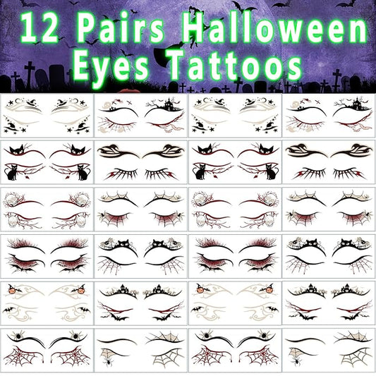 12 Pairs Halloween Glow Up Eye Shadow Temporary Tattoos Eyeliner Tattoo Stickers Spider Web Bat Pattern Eyeliner Fake Tattoos for Women Men Face Eye Makeup Halloween Decals Party Supplies