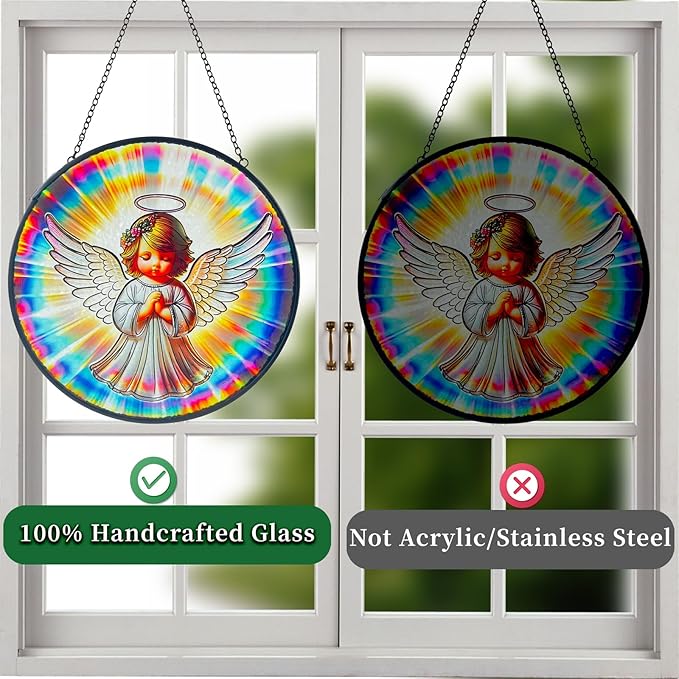 Praying Angel Decor Handmade Stained Glass Suncatcher - Rainbow Maker Stained Glass Suncatchers W/Metal Chain - Spiritual Angelic Gift for Women Christmas Thanksgiving Housewarming Gifts