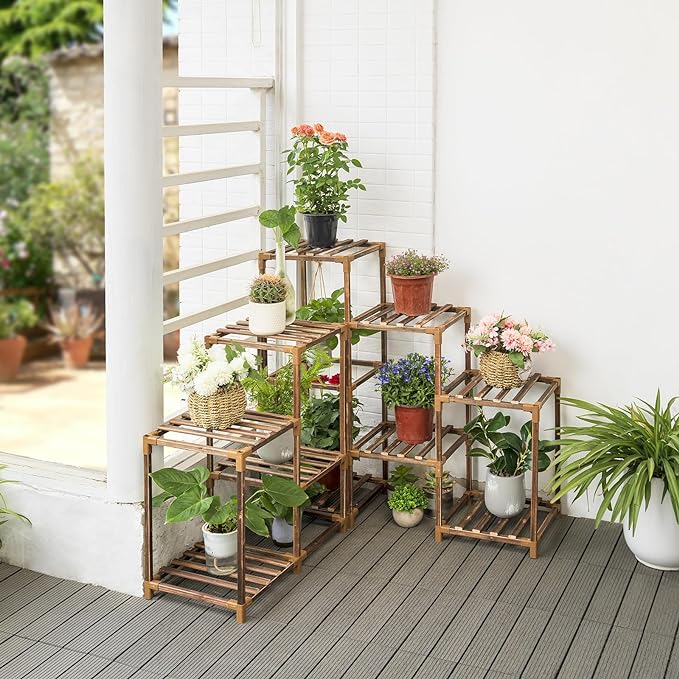 Uneedem Wood Plant Stand Indoor Outdoor Corner Plant Shelf Stand, 5 Tiered 10 Potted Flower Plant Stands for Indoor Plants Multiple, Plant Shelves Stands Rack for Living Room, Patio, Balcony