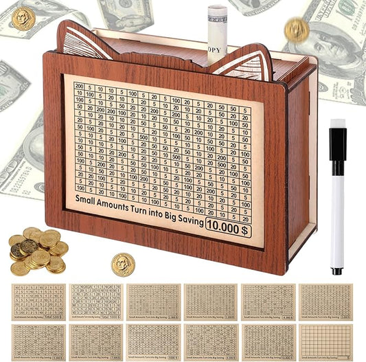 Money Saving Box, 10000 Savings Challenge Box Wooden Coin Cash Money Saver with Target and Tracker Reusable Piggy Bank for Adults Kids Boys Girls Gifts for Family & Friends Caja De Ahorros 13 Sheet