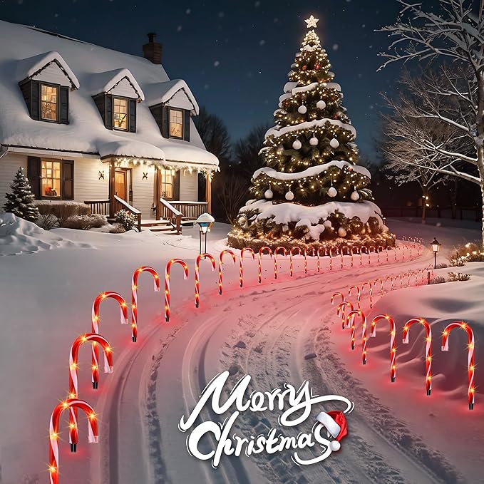VCOKEN 10'' Christmas Candy Cane Pathway Markers Lights - Set of 10 Christmas Stakes Lights Outdoor Pathway Decorations, Connectable & Light Up Xmas Holiday Party Yard Art Indoor Outdoor Ornament