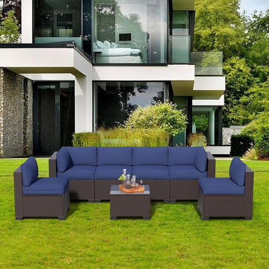 7 Piece Patio Furniture Set, Rattan Outdoor Patio Conversation Sets, Outdoor Sectional Furniture with Waterproof Cushion and Coffee Table, for Deck, Backyard, Garden