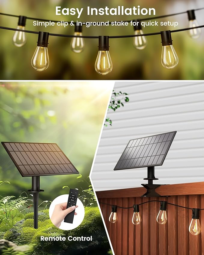 Torkase 50FT Solar Patio Lights Outdoor 15+1 Shatterproof LED Bulbs USB Rechargeable Waterproof Remote Control for Garden Porch Deck Camping