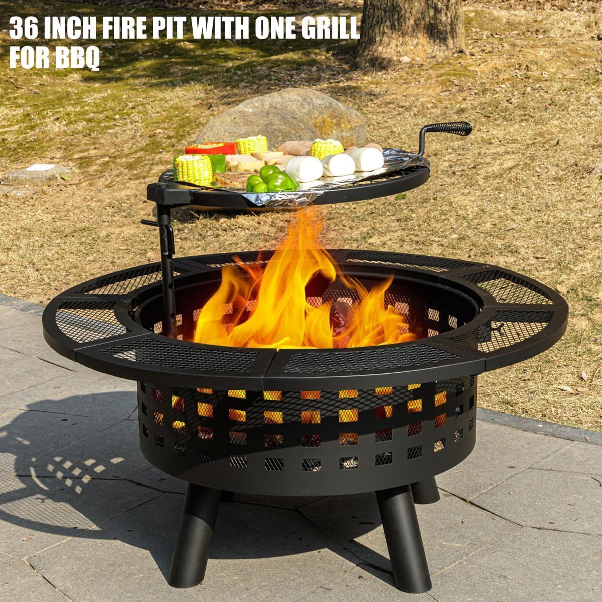 36 inch Outdoor Fire Pit with Grill,Wood Burning Firepits for Outside with Lid & Fire Poker,Metal 3-in-1 Fire Pit Table with Cooking Grate,Outdoor Fireplaces for Bonfire,Yard,BBQ（Jet Black）