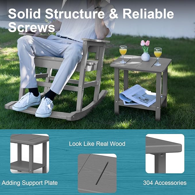 Outdoor Side Table - 2-Tier Storage All Weather Outdoor End Table for Patio - HDPE Morden Easy Maintenance Adirondack Side Table for Pool Porch Balcony Garden Lawn Backyard Outside Indoor