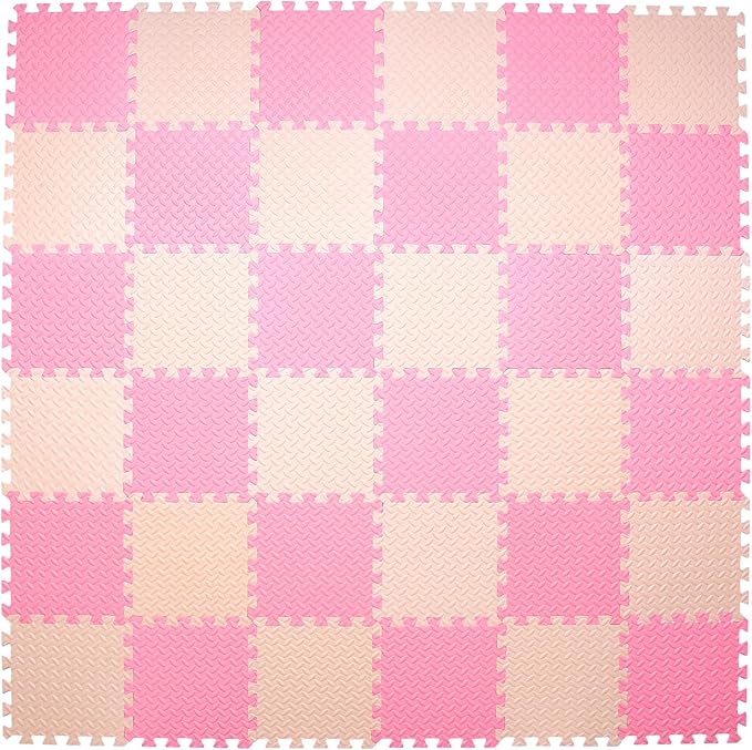 36 Tiles Foam Play Mat for Baby, 0.4 Inch Thick Foam Interlocking Floor Mats, Soft Non-Toxic Baby Playmat, Solid Colored Puzzle Play Mat Kids Floor Mats for Toddler(Beige/Loli Pink)