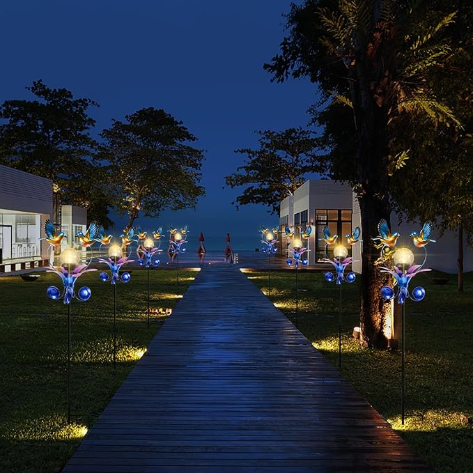 VCUTEKA Solar Lights Outdoor Metal Garden Stake Waterproof Crackle Glass Globe Garden Decor Blue Jay Bird for Pathway, Lawn, Patio, Yard