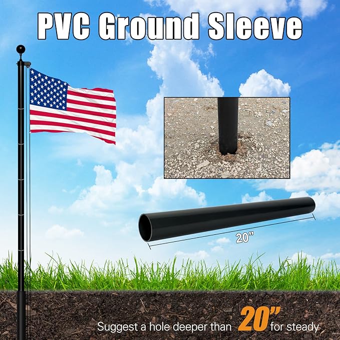 NELXINJO 20FT Sectional Flag Pole Kit, Heavy Duty Aluminum Outdoor In-Ground Flagpole, Black Ball Top, 3x5 USA Flag for Residential commercial Outdoor Garden(20FT, Black)