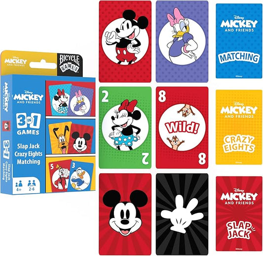 Bicycle Disney Mickey and Friends 3-in-1 Card Games, Matching, Crazy Eights & Slap Jack, Featuring Mickey Mouse, Donald Duck & Goofy, Kids Card Games Ages 4+, Family Games for 2-6 Players