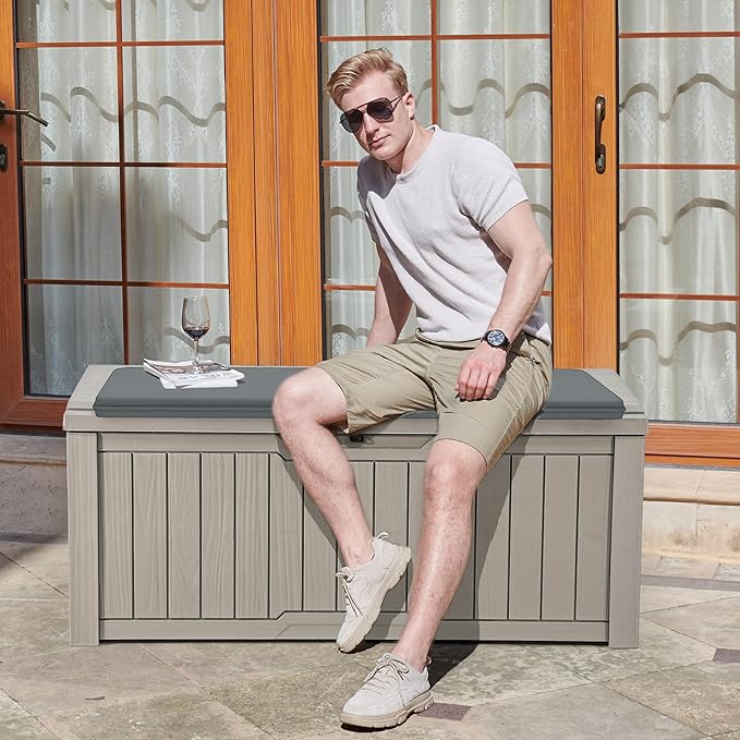 YITAHOME 120 Gallon Outdoor Storage Deck Box with Cushion, Large Resin Patio Storage for Outdoor Pillows, Garden Tools and Pool-Supplies, Waterproof, Lockable (Taupe)