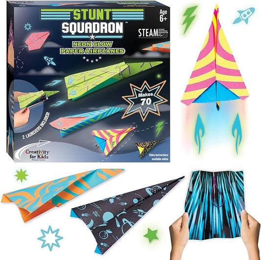 Creativity for Kids Paper Airplane Kit - Stunt Squadron Neon Glow, Makes 70 Paper Airplanes and 2 Plane Launchers, STEM Birthday or Christmas Gift, Craft and Activity Set for Boys (Ages 6-8+)