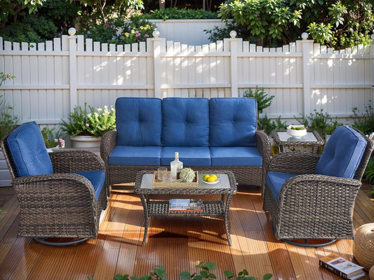 HUMMUH 5-Piece Patio Furniture PE Wicker Outdoor Conversation Set,All-Weather Rattan Swivel Rocker Chairs with Outdoor Couch Tables for Backyard,Poolside,Deck