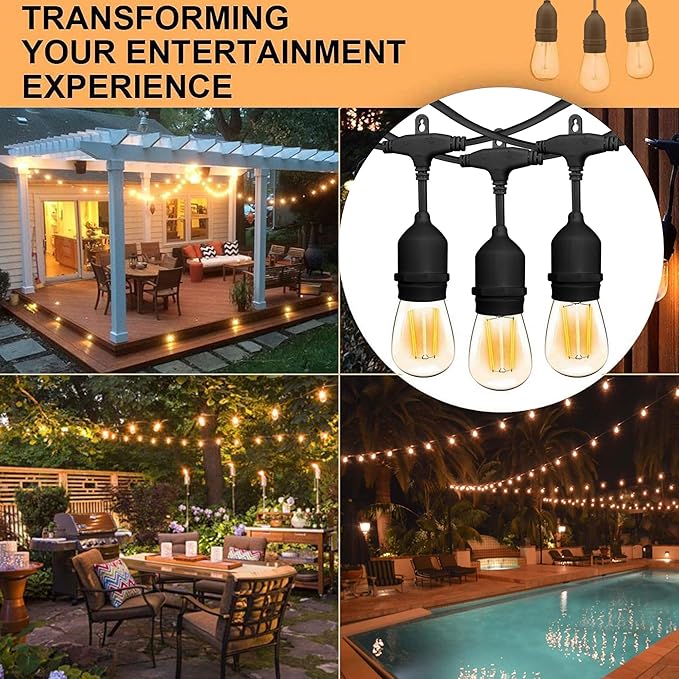 Banord Outdoor String Lights Commercial Grade 96ft Waterproof with 30 S14 Shatterproof Dimmable LED Bulbs, Heavy Duty Hanging Lights for Patio Garden Backyard Decoration, 2W 2x48ft Strands