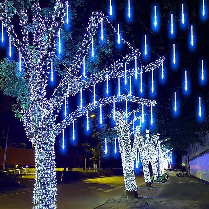 LED Meteor Shower Solar Lights Outdoor, Waterproof Garden Lights 30cm 10 Tubes 360LEDs Falling Lights Raindrop Lights,Holiday Party Wedding Christmas Tree Decoration String Lights (Blue)