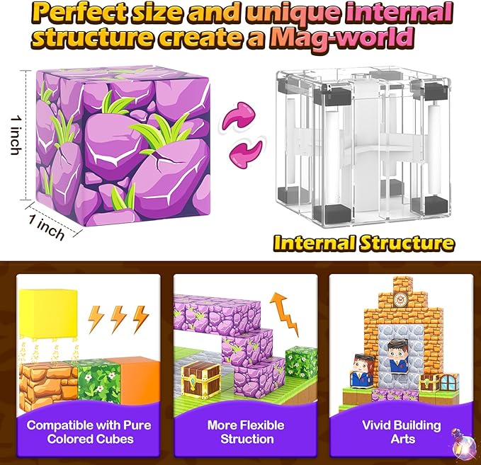 100PCS Magnetic Blocks-Build Mine Magnet World Magic School Edition, Magnetic Kids Building Toys for Toddler Kids Ages 3-5 4-8 6-8, Birthday Gifts for 3+ Boys&Girls