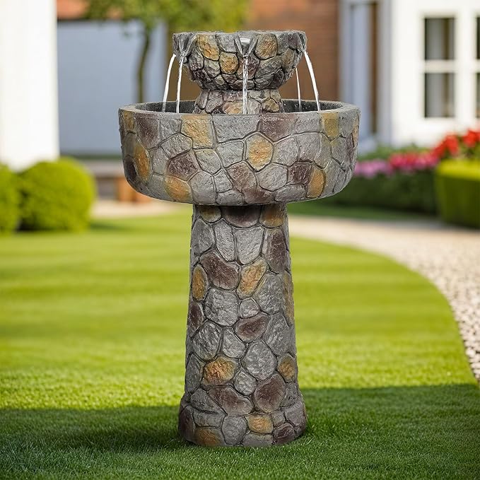 SunJet 25.7” High x 15.3” Diameter Concrete Bird Bath with Faux Stone Finish - Outdoor Water Fountain with Electric Pump - Birdbath for Garden, Patio, Yard, Lawn Décor
