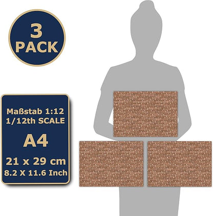 3 Sheets Self-Adhesive Wall Cladding for Dollhouse 1:12 Scale (Glazed Red)