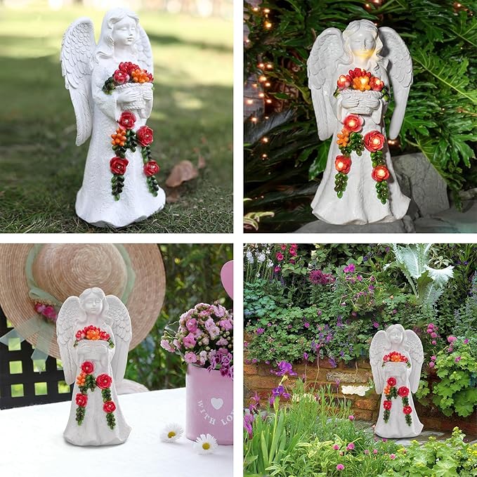 Angel Garden Statue Figurines Light Decoration Outdoor Solar Angels with 8 Led Lights Outside Resin Sculpture Art Decor Patio Lawn Yard Housewarming Gifts for Women Grandma Mom