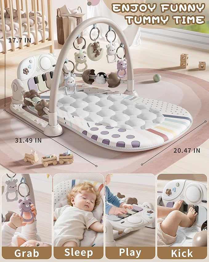 Baby Gym with Kick and Play Piano, Baby Play Mat Tummy Time Activity Gym Mat with 5 Infant Sensory, Music & Lights Boy or Girl for Newborn 0 to 3 6 9 12 Months